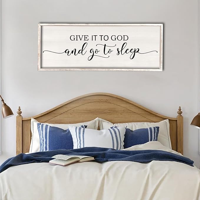 Give It To God And Go To Sleep Sign Wall Decor 40"X15" Master Bedroom Above Bed Large Farmhouse Wall Decor Wood Rustic Framed Over Bed Wall Art Hanging Decoration (White)