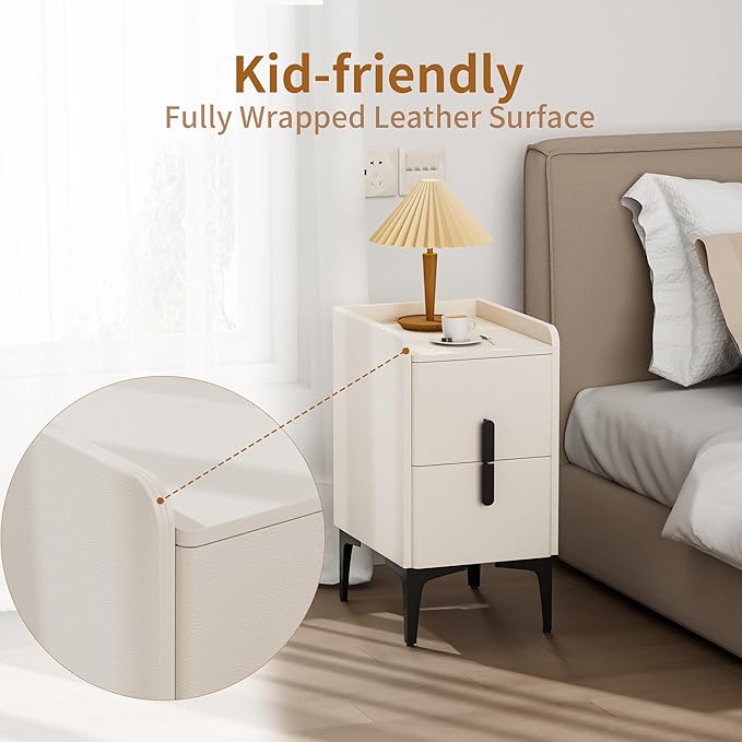 VICITON Narrow Nightstand with 2 Drawers, Narrow Side Table Leather Surface, Slim Bedside Table for Bedrooms, Dormitories, Living Rooms (Cream White, 15.7" D x 11.8" W x 22.4" H)