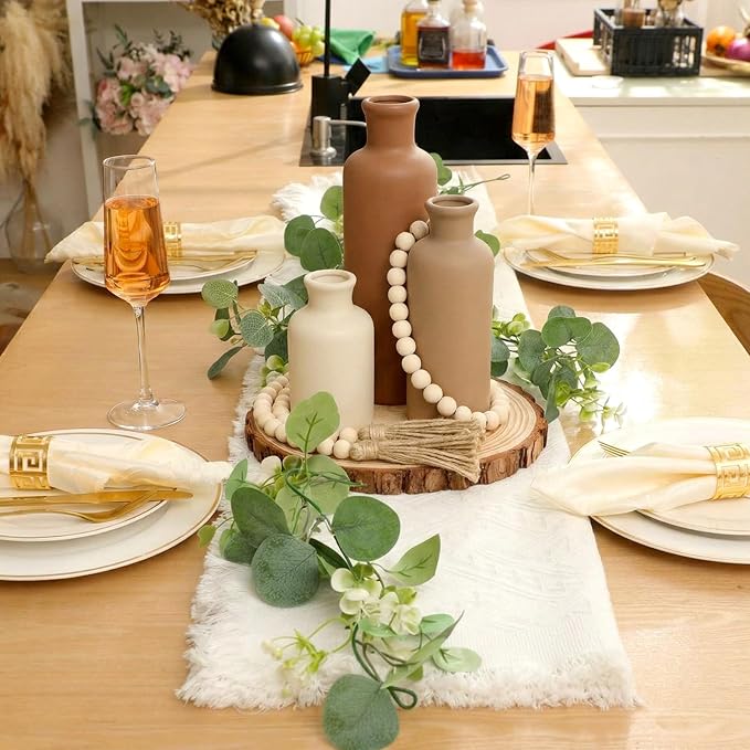 Geelin 6 Pcs Boho Rustic Table Centerpieces, 3 Modern Ceramic Vases, Wooden Slice Tray, Farmhouse Wood Beads Garland with Tassel, Artificial Vines for Dining Home Table Decor(Neutral)