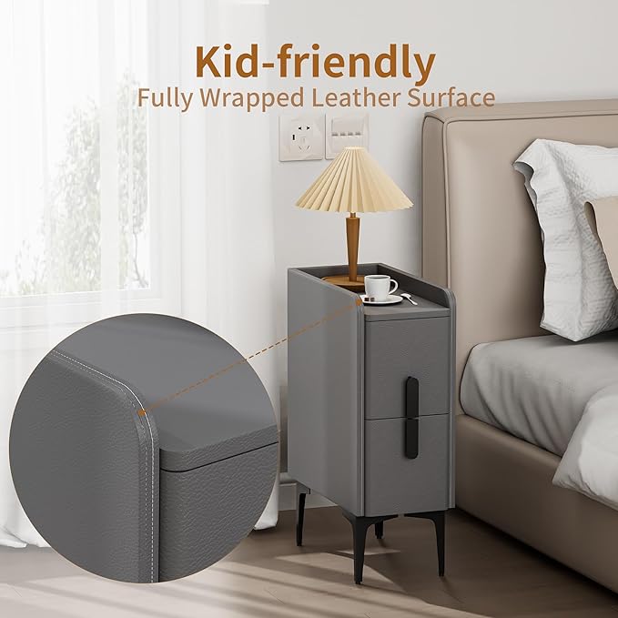 VICITON Narrow Nightstand with 2 Drawers, Narrow Side Table Leather Surface, Slim Bedside Table for Bedrooms, Dormitories, Living Rooms (Light Gray, 15.7" D x 7.8" W x 22.4" H)