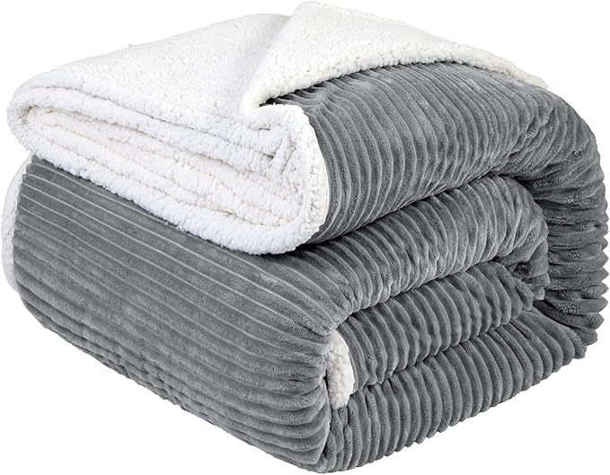 LBRO2M Striped Sherpa Fleece Bed Blanket King Size, Super Soft Fuzzy Plush Warm Cozy Fluffy Microfiber Couch Throw Velvet Double Reversible Luxurious Blankets (90x104),Grey