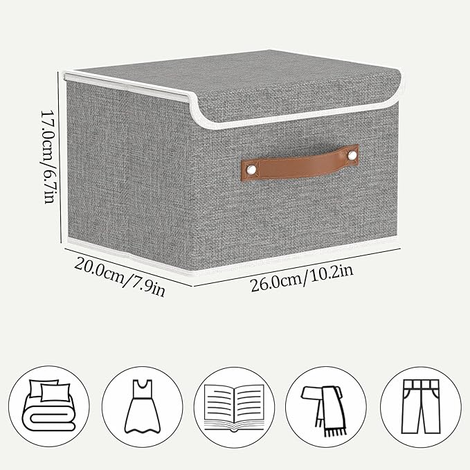 OUTBROS Storage Boxes, Collapsible Storage Bins with Lids, Cotton and linen cloth Storage Baskets with Handle, for Books, Closet, Bedroom, Home, 10.2x7.9x6.7 in, Grey