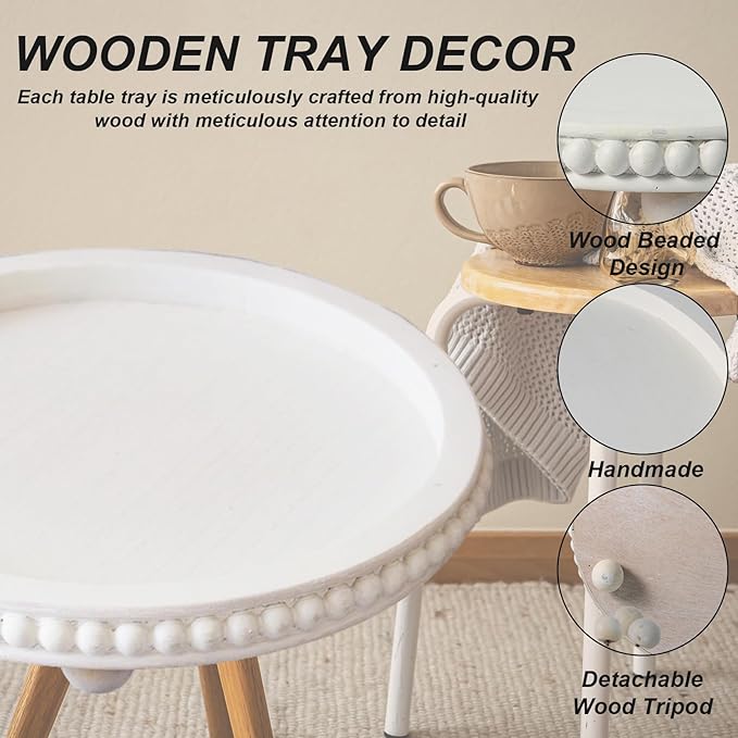 Decorative Tray for Coffee Table, Round Wooden Tray for Decor -White Beaded Distressed Rustic Farmhouse- Table Centerpieces for Dining Room Entryway Kitchen Counter Living Room