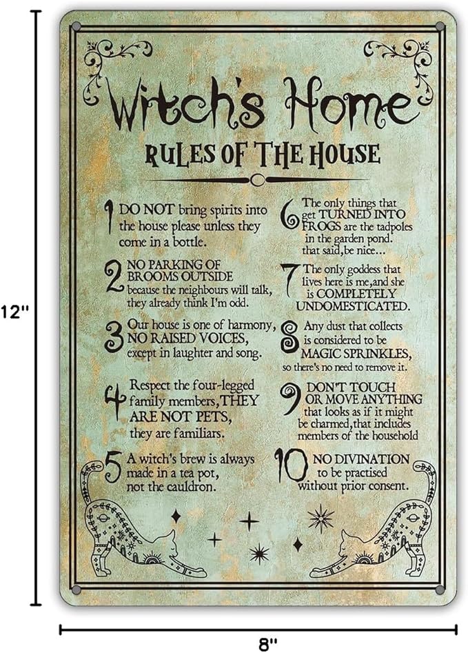 Funny Witch's Home Rules Quote Metal Tin Sign Wall Decor, Retro Do Not Bring Spirits into the House Sign for Home Decor Gifts