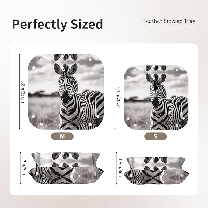 Leather Storage Tray for Bedside Table, Desk, Dressing Table, and More - Easy to Clean Medium Black and White Zebra Prints