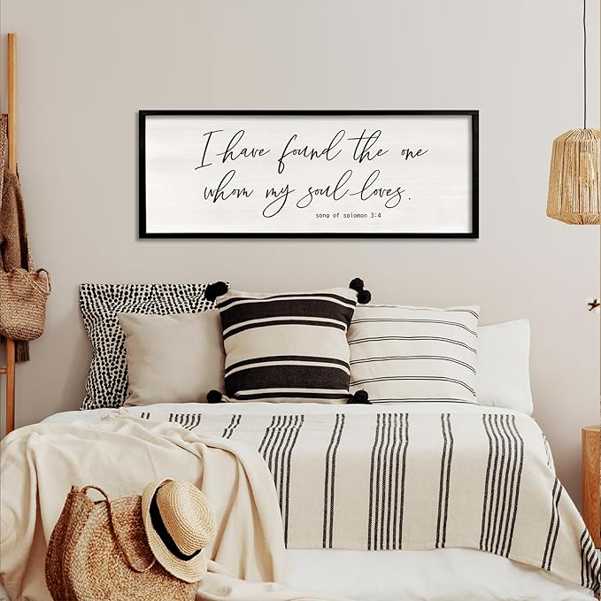 I Have Found The One Whom My Soul Loves Sign Wall Art Decor 32"x12" Modren Master Bedroom Above Bed Wood Framed Song of Solomon 3:4 Large Living Room Bible Verse Wall Hanging (Black)