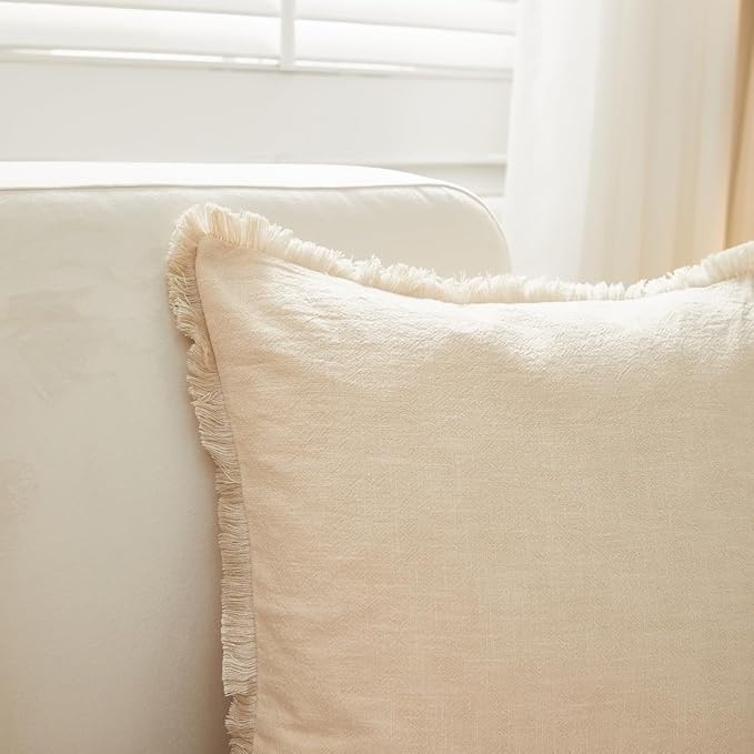 Sunday Praise Set of 2 Linen Fringe Decorative Pillow Covers 20x20 Inch Farmhouse Accent Boho Throw Pillow Cases with Tassels Cozy Soft Square Cushion Covers for Couch Sofa Bed Home Decor,Beige