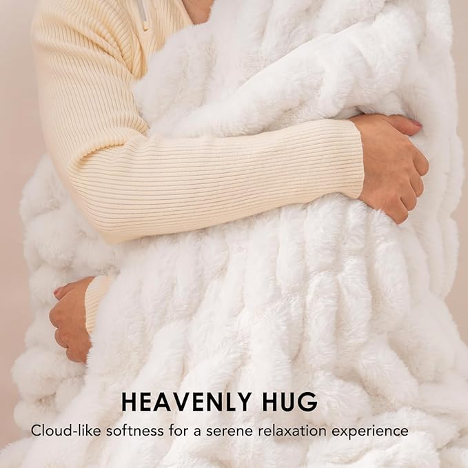 EVERGRACE Luxurious Soft Faux Rabbit Fur Throw Blanket, Cozy Fuzzy Plush Warm Throws for Couch Bed Sofa Chair Home Decor, Ruched Bubble Fluffy Blanket with Reversible Velvet, 50" x 60", Ivory White