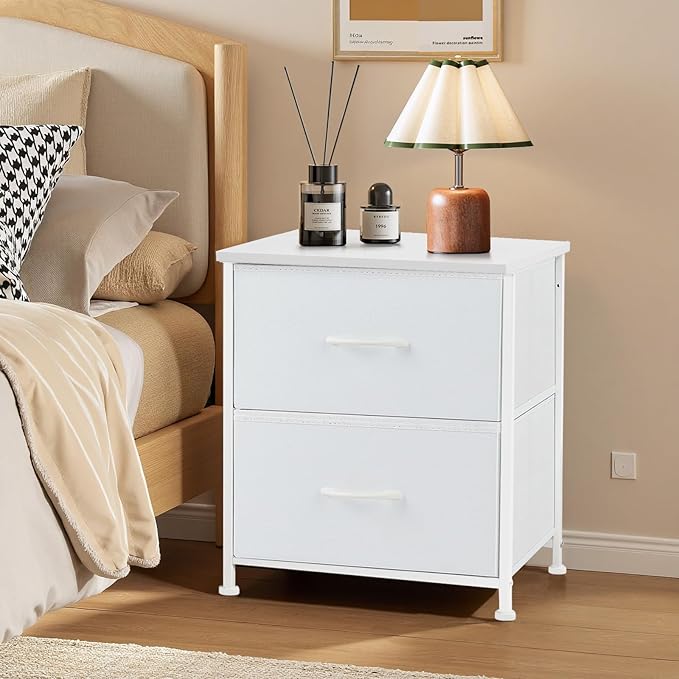 Nightstand, Small 2 Drawer Dresser End Table Bedside Furniture, Wooden Top Fabric Bins for Bedroom, Closet, Entryway, Dorm, 11.8" D x 18" W x 20", White