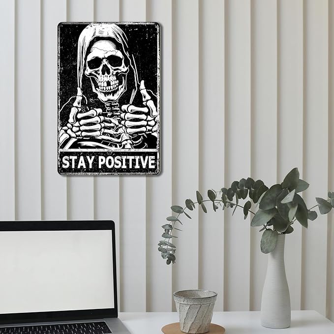Stay Positive Skull Sign Skull Room Wall Decor Vintage Metal Tin Signs Aesthetic Room Decor Cool Things For Mens Bedroom Funny Posters Retro Sign For Home Living Room Bedroom Decor Gifts