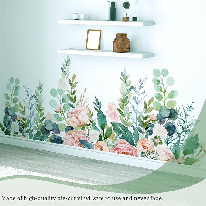 Watercolor Flowers Leaves Wall Decals Peel and Stick, Large Floral Flowers Wall Stickers, Removable Vine Home Decor Art for Bedroom Living Room Classroom Office