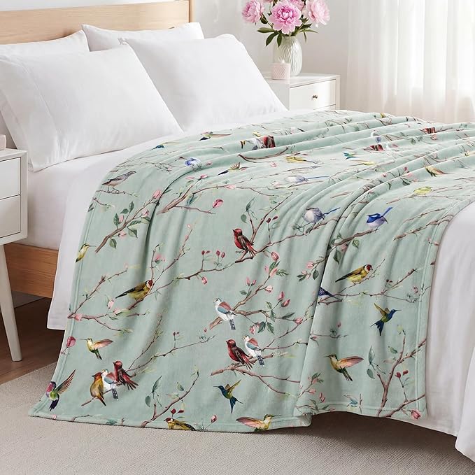 Horaldaily Spring Summer Flannel Blanket Throw, Birds Branch Green Floral Soft Fuzzy Plush Cozy Fleece Blankets for Couch Sofa Bed Lounging, Ideal Gifts for Kids Adults Self, 60x80