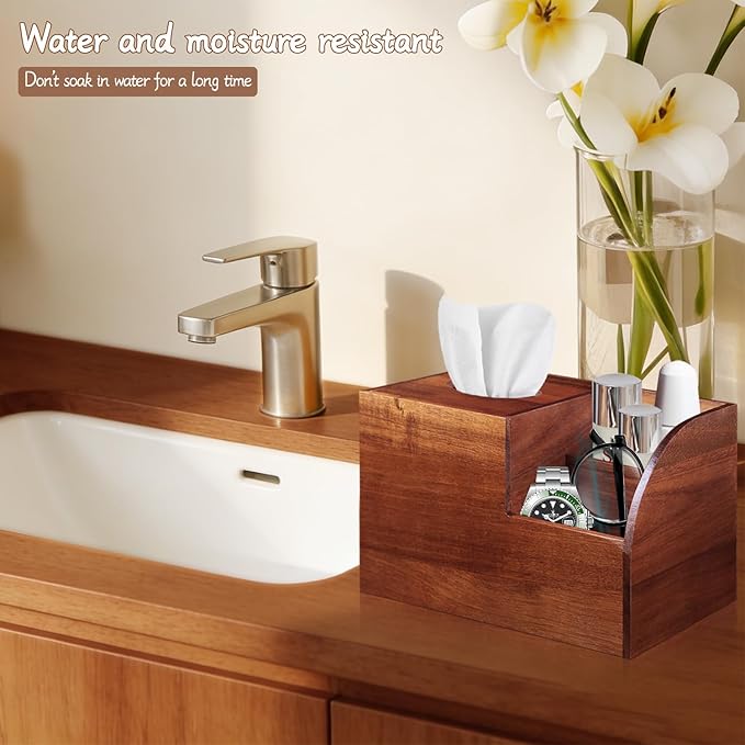 Wood Tissue Box Cover Square wiht Storage, Acacia Tissues Box Holder, Decorative Cube Tissues Box Organizer with Remote Control Holder for Bathroom, Nightstand, Modern Farmhouse Decor
