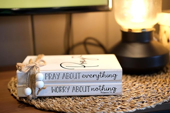 LIVDUCOT Faux Books for Christian Decoration, Decorative Wooden Book Stack for Bible Verse Home Decor - Pray About Everything Worry About Nothing Sign