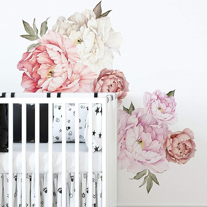 Large Floral Wall Sticker Set,Peonies Wall Decals,Pink White Flowers for Living Room Nursery Dining Space