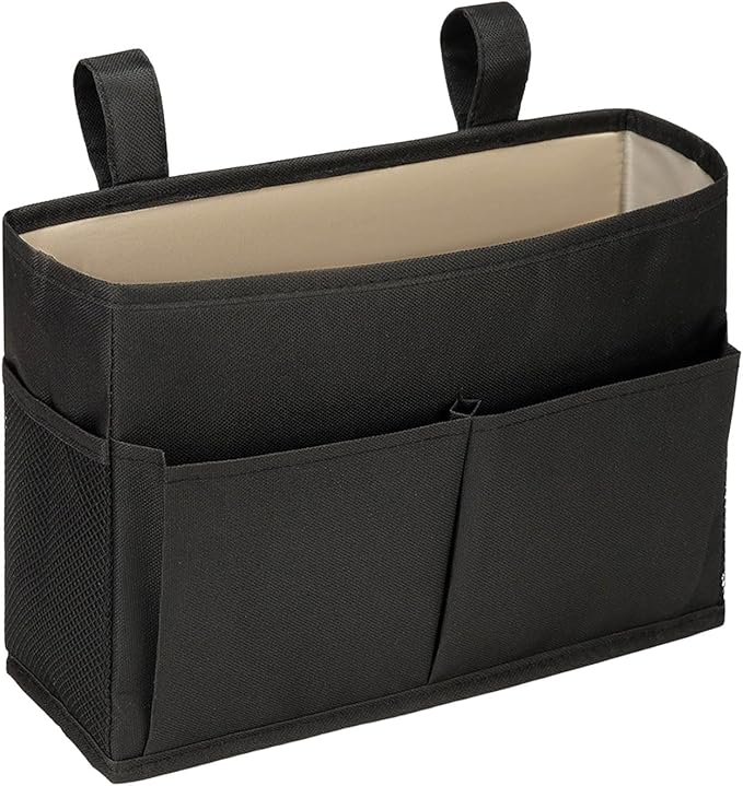Bedside Caddy, Durable Cotton Linen Bunk Bed Caddy with Pockets and Bottle Holder,Hanging Storage Organizer,Bedside Bag for College Dorm Bed Rails Crib Bed Hospital Home Rooms Accessories (Black)