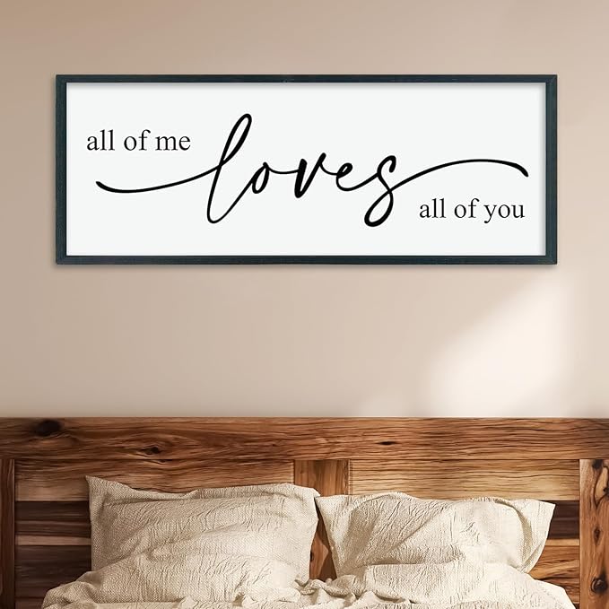 LuZhiQiang All Of Me Loves All Of You Wall Decor Art 40"×15" Master Bedroom Above Over Bed Sign Romantic Minimalist Love Quotes for Couples Large Framed Wooden Wall Hanging (Black)