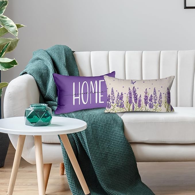 Spring Pillow Covers 12x20 Inch Set of 4 Lavender Home Sweet Home Purple Throw Pillows Decorative Pillow Cases Summer Seasonal Farmhouse Decorations for Sofa Couch
