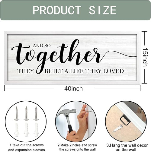 And So Together They Built A Life They Loved Decorative Rustic Sign & Plaque Framed Wall Art for Couples, 40''×15'' Vintage Horizontal Wooden Wall Decor Above Bed, Farmhouse Wedding Gift