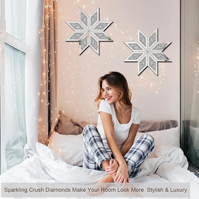 2 Piece Crushed Diamond Decorative Mirror, Silver Crushed Diamond Mirror Decor Wall for Living Room Bedroom Bathroom Office (12X12in, Set of 2, Ready to Hang)