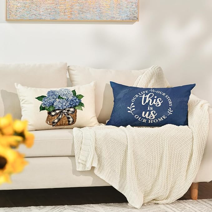AVOIN colorlife Blue Hydrangea Spring Summer Throw Pillow Covers, 12 x 20 Inch Today is A Good Day Dark Blue Cushion Case Decoration for Sofa Couch Set of 4, Bule