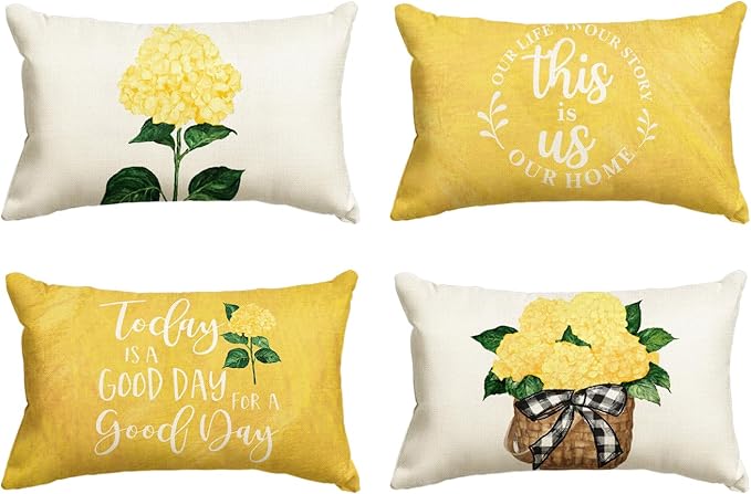 AVOIN colorlife Yellow Hydrangea Summer Throw Pillow Covers, 12 x 20 Inch Today is A Good Day Dark Yellow Cushion Case Decoration for Sofa Couch Set of 4
