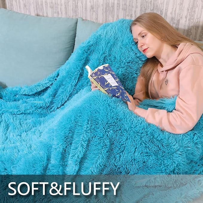 YUSOKI Long Faux Fur Throw Blanket for Sofa Couch,2 Layers,2.1lb,All Ages,Home Decoration, (Teal,50" x 60")