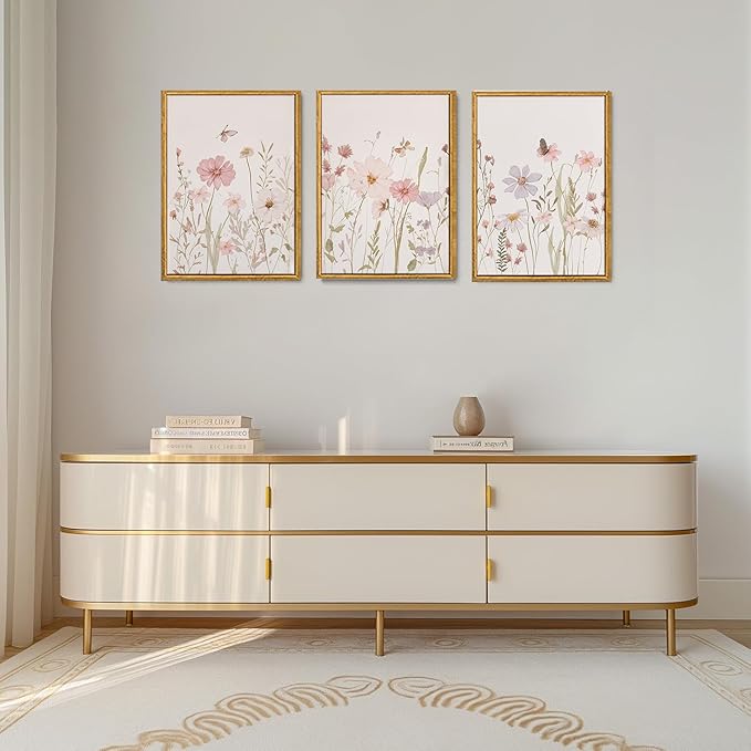 Wodkwq 3 Piece Framed Wall Art Wildflower Wall Decor Botanical Canvas Art Floral Pictures Watercolor Paintings Pink Artwork Prints for Nursery Bedroom Living Room