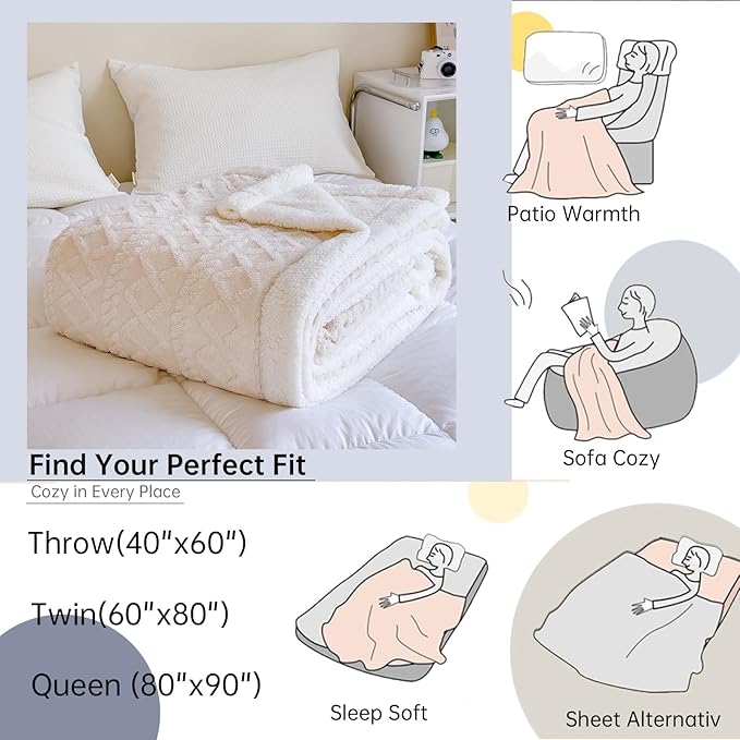 Sherpa Blanket for Bed Full Size - Fleece Soft Cozy Fuzzy Blankets Thick Warm for Winter and All Seasons (White, Full(80"x90"))
