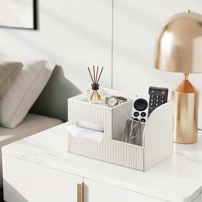 Fanousy Modern PU Leather Cube Tissue Box Cover with Storage Tray, Multifunctional Remote Control Holder & Facial Tissue Dispenser Organizer for Nightstand, Bathroom, Bedroom, Office & Home Decor
