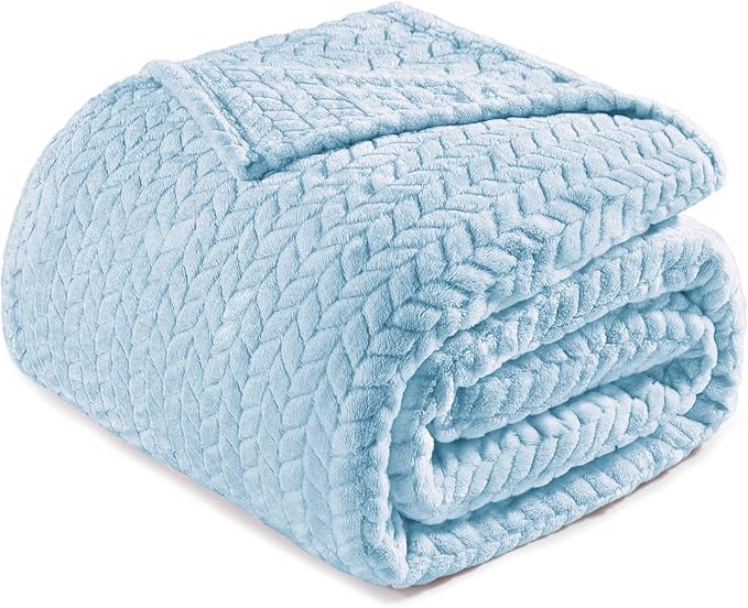 Exclusivo Mezcla Fleece Twin Size Blanket for Bed, 60x80 Inches Soft Cozy Jacquard Flannel Blankets, Lightweight Fuzzy Plush Warm for Women, Light Blue