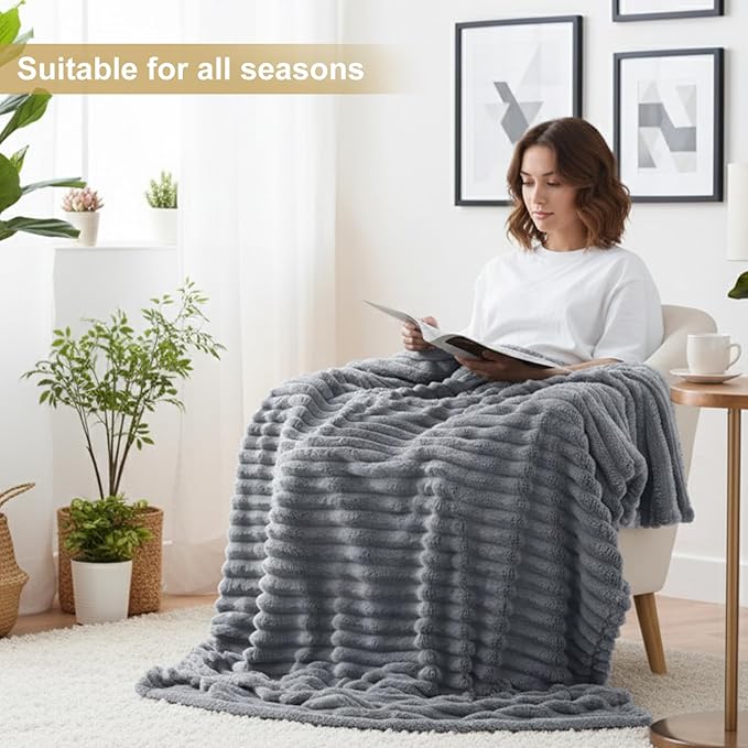 decorUhome Soft Fleece Grey Blanket Queen Size for Bed, Cozy Fluffy Plush Flannel Large Striped Throws for Couch Sofa, Lightweight Decorative Fuzzy Blanket for Woman, 90x90 Inches