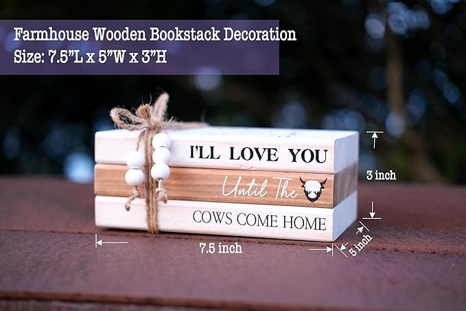 LIVDUCOT Highland Cow Wood Book Stacks Decor - Rustic Farmhouse Decorative Books Sign for Home Coffee Table Mantle Fireplace Shelf Decorations - I'll Love You Until the Cows Come Home 7.5x5x3'