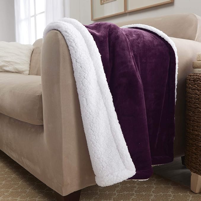 Genteele Sherpa Throw Blanket Super Soft Reversible Ultra Luxurious Plush Blanket, 40 x 50 inches, Rich Purple/White