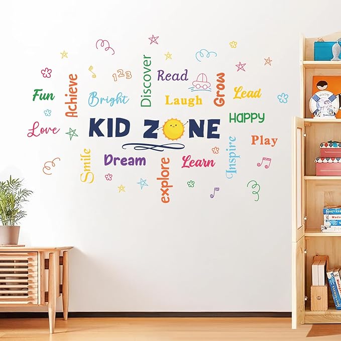 HLNIUC Colorful Inspirational Lettering Quote Wall Decal 35”x12” Kid Zone Positive Quote Wall Sticker Motivational Words Window Clings Minimalist Affirmations Room Decals for Classroom Kids Room Decor