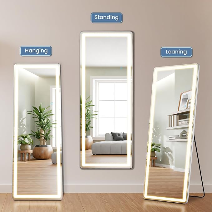 Mirror Full Length, Upgraded Body Wall Mirrors with Shatter-Proof Glass, Floor Standing, Hanging or Leaning, Tall Mirror with Stand Aluminum Alloy Frame for Bedroom