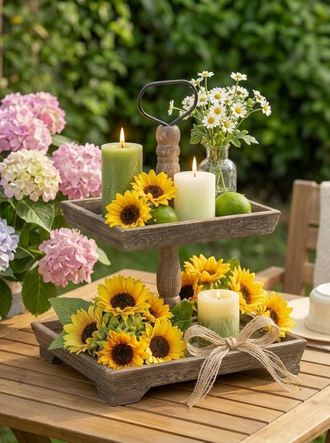 Hanobe Tiered Tray for Table Decor: 2 Tier Sunflower Decorative Tray Stannds for Table Centerpieces - Rectangle Farmhouse Serving Stand for Coffee Bar, Rustic Brown