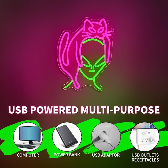 Alien Cat Neon Sign,Dimmable LED Neon Signs for Wall Decor,USB Powered Alien Neon Light for Bedroom, Game Room, Bar,Aesthetic Alien Cat Lover Decor