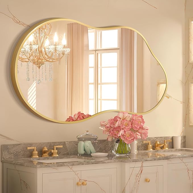 Irregular Wall Mirror - Wall Mirrors Decorative 24"x36" Gold Asymmetrical Mirror Tempered Glass Aviation Aluminum Alloy Frame for Bathroom, Bedroom, Living Room, Cloakroom, Entryway