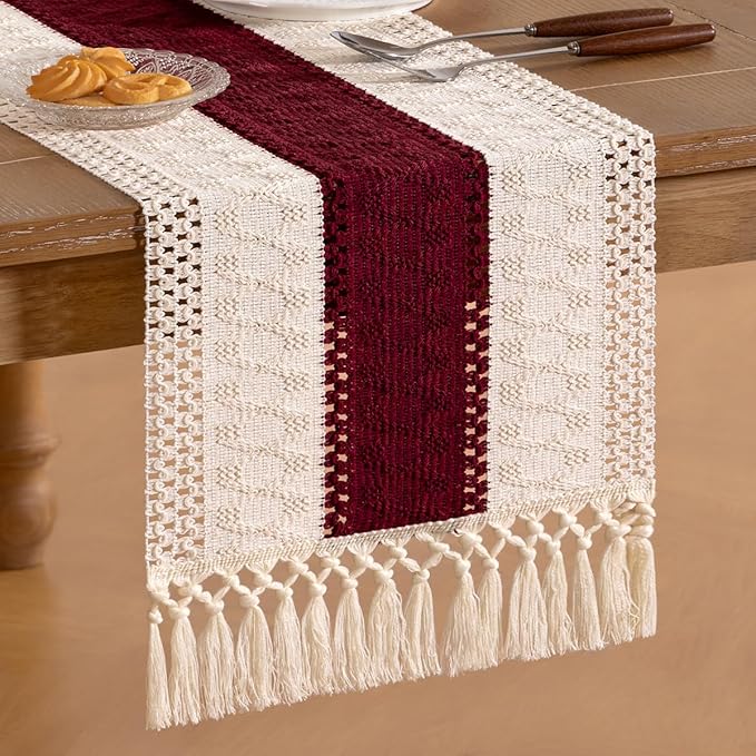 Socomi Boho Table Runner Easter Spring Farmhouse Rustic Dining Kitchen Centerpiece Decor Small Macrame Woven Cotton Linen Coffee Table Runner for Dresser Scarf Home Decor 12x36 in Burgundy Ivory