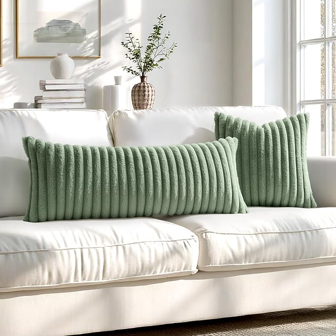 MIULEE Faux Fur Decorative Throw Pillow Covers 20x20 Inch Set of 2, Modern Spring Home Decor Soft Plush Couch Pillows Cozy Fluffy Cushion Covers for Sofa Bed Sage Green