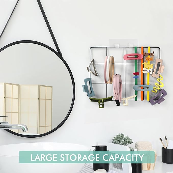 Adhesive Claw Clip Holder - 1Pack Metal Grid Construction Wall Hanging Display Organizer for Pins Hairbands Headbands Hair Accessories Hanger for Women Girls Closet Vanity Room Bedside Storage (Black)