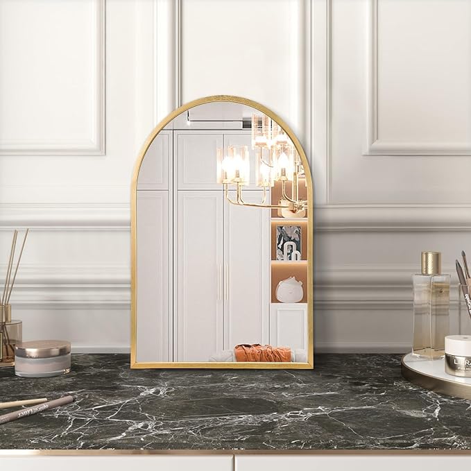 Wall Mirror Arched Bathroom Mirrors, Aluminum Alloy Frame Hanging Vanity Mirror for Living Room Bedroom Entryway Vanity, Brushed Metal Framed Wall Mounted Mirror Gold 16"x12"
