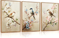 CHDITB Bird and Blossom Framed Canvas Wall Art Set Of 3, Vintage Floral Wall Decor, Retro Nature Avian Floral Wall Painting, Neutral Botanical Birds Art Prints for Dining Room Bedroom Decor 12”x16”