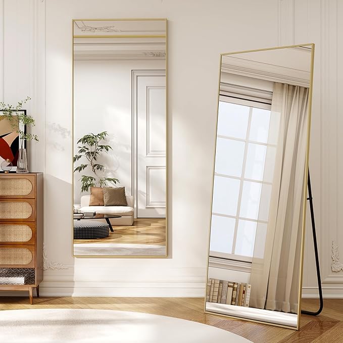 56" x 21" Full Length Mirror with Stand, Standing/Leaning/Wall Mounted Full Body Floor Mirror for Bedroom, Living Room, Entryway, Cloakroom with Aluminum Alloy Frame Gold