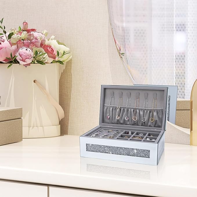 Glam Rhinestone Crystal Silver Glass Jewelry Box, Sparkly Blinged Out Mirror Jewelry Box for Women, Elegant Jewel Box for Romantic Gifting & Decorative Storage