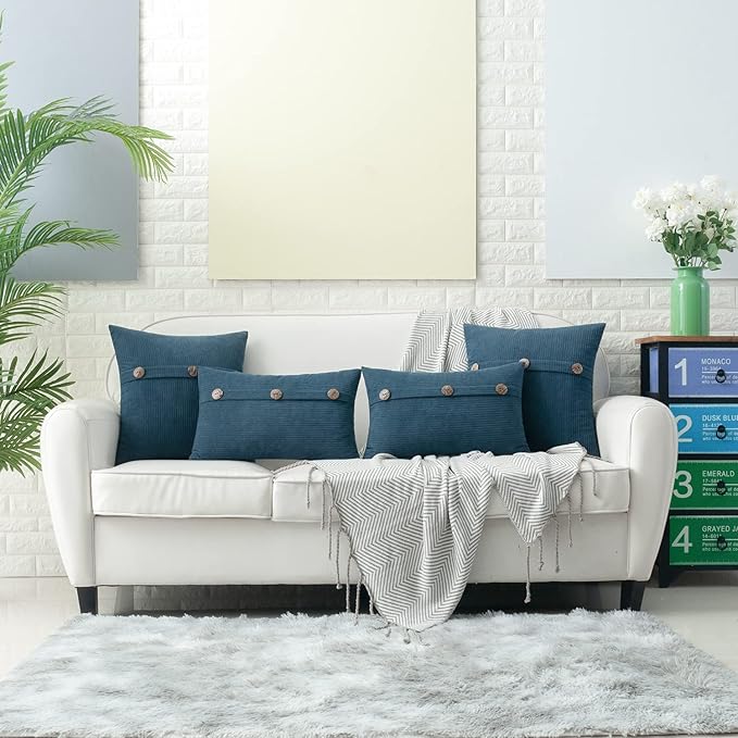 HWY 50 Blue Chenille Throw Pillow Covers 22x22 Inch with Triple Buttons, Soft Farmhouse Accent Decorative Cushion Cases for Couch Sofa Bed Living Room Pack of 2