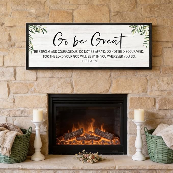 Go Be Great Wall Decor: 40x15 Inch Large Framed Bible Verse Wall Art, Joshua 1:9 Scripture Sign, Christian Wall Decor for Bedroom Living Room, Black Wooden Frame, Natural, Black