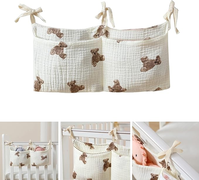 Bedside Organizer Bag Crib Hanging Bags Multipurpose Headboard Diaper Bag Portable High Chair Hanging Bag, Bear