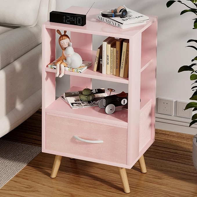 Night Stand, Pink Nightstand with Drawer, Side Table with Open Storage, 3-Tier Modern End Table, Bedside Table for Small Space, Living Room, Bedroom